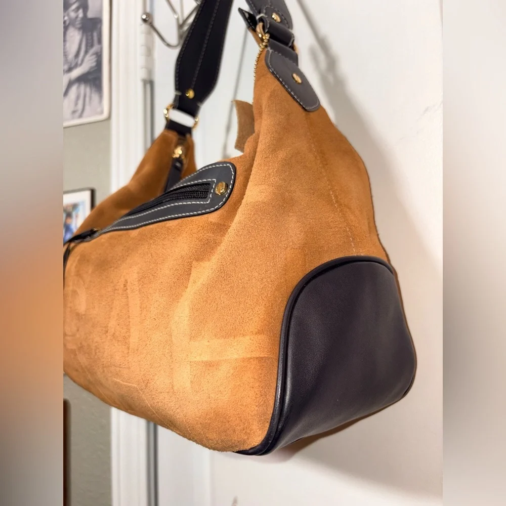 Isaac Mizrahi Brown Suede Logo Hobo Shoulder Bag Y2K